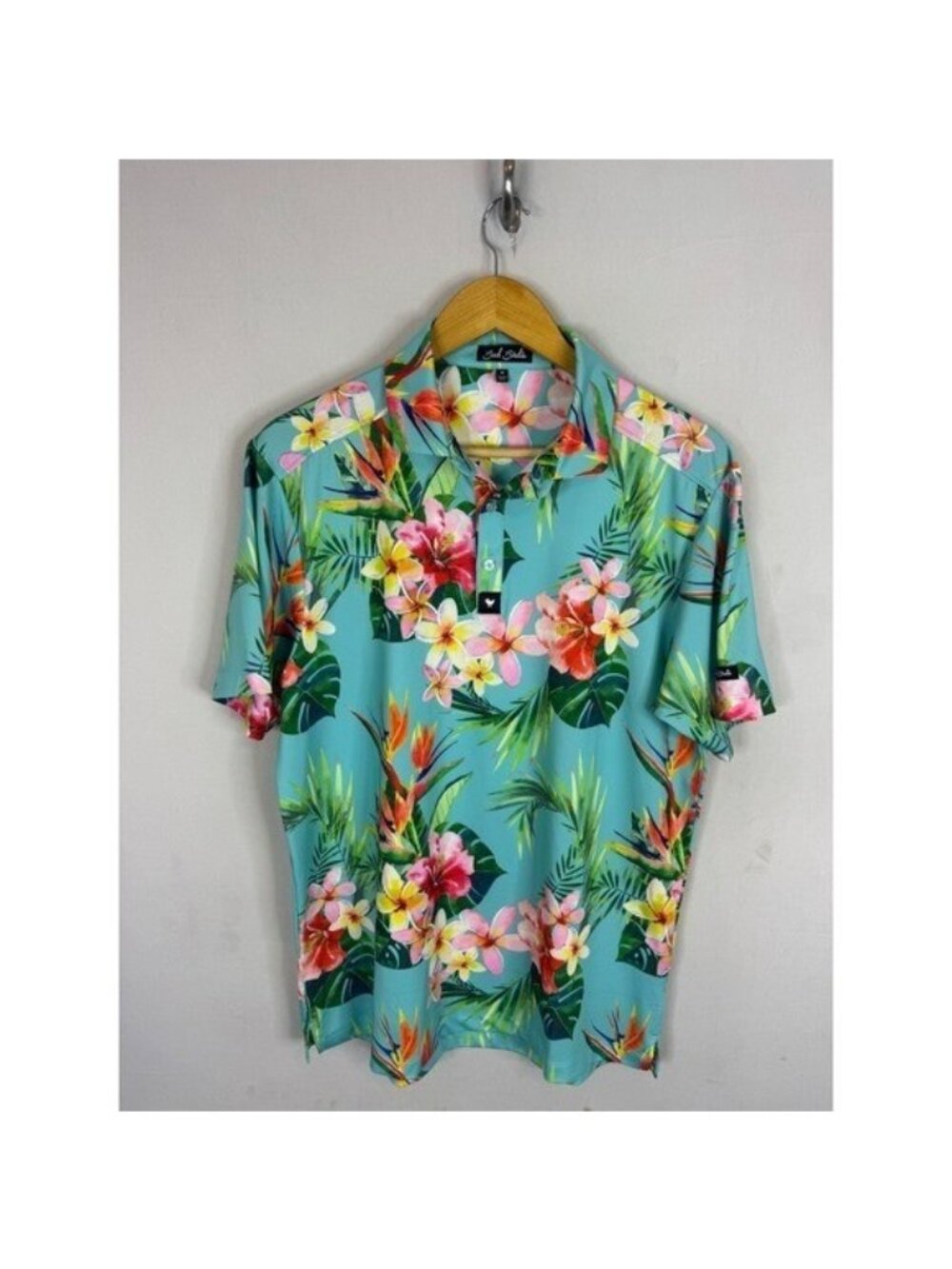 Bad Birdie Mens Tropical Floral Golf Polo Shirt Teal Blue Bird of Paradise M